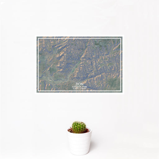 12x18 Zion National Park Map Print Landscape Orientation in Afternoon Style With Small Cactus Plant in White Planter