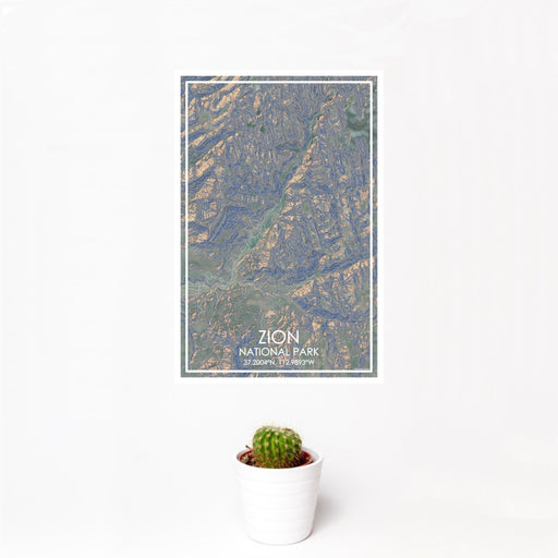 12x18 Zion National Park Map Print Portrait Orientation in Afternoon Style With Small Cactus Plant in White Planter