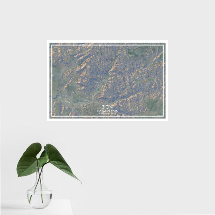 16x24 Zion National Park Map Print Landscape Orientation in Afternoon Style With Tropical Plant Leaves in Water