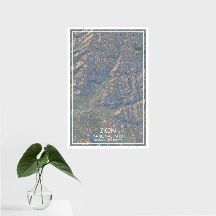 16x24 Zion National Park Map Print Portrait Orientation in Afternoon Style With Tropical Plant Leaves in Water