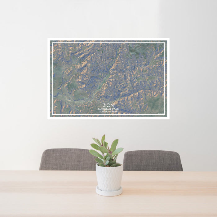 24x36 Zion National Park Map Print Lanscape Orientation in Afternoon Style Behind 2 Chairs Table and Potted Plant