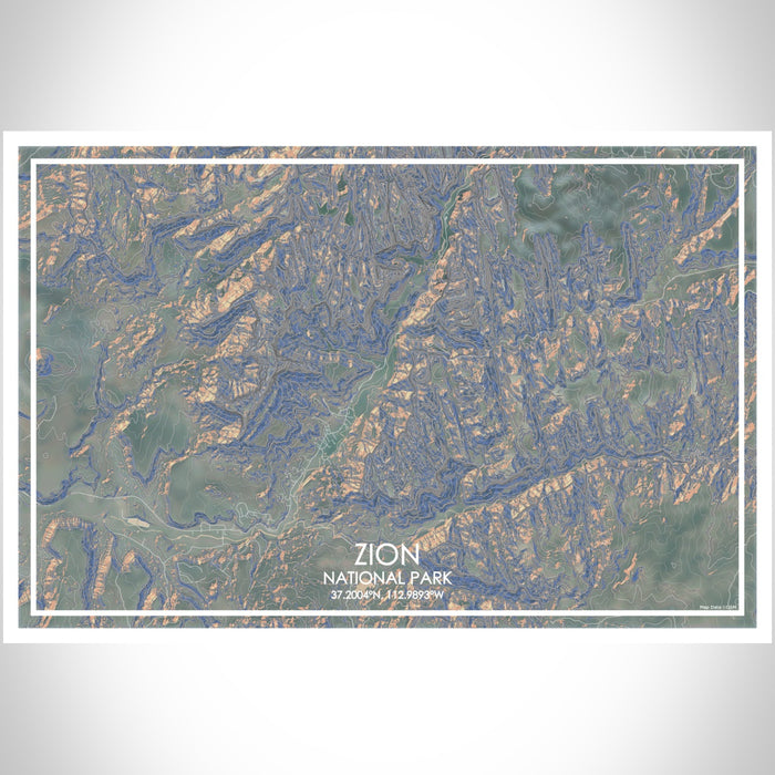 Zion National Park Map Print Landscape Orientation in Afternoon Style With Shaded Background