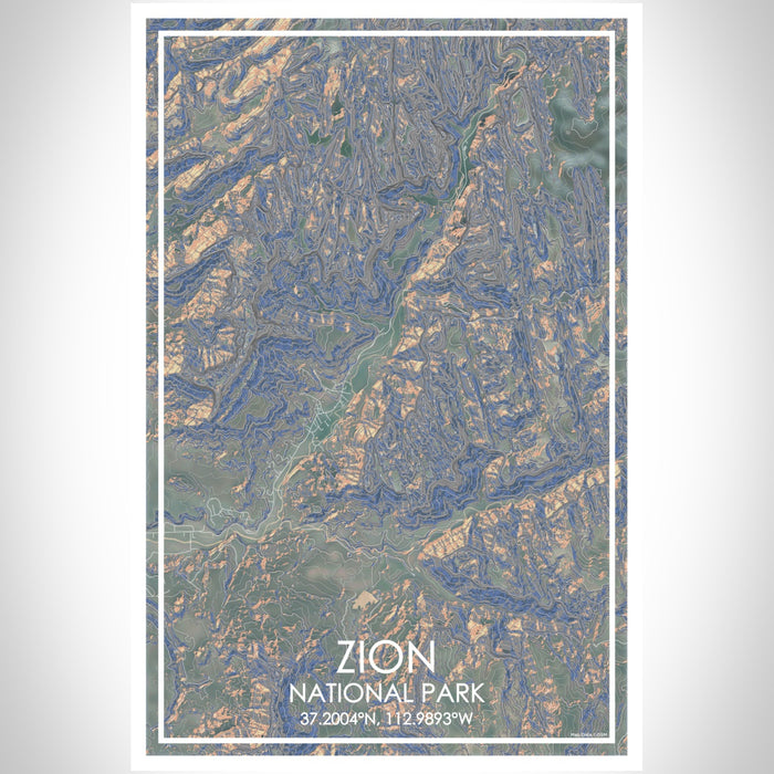 Zion National Park Map Print Portrait Orientation in Afternoon Style With Shaded Background