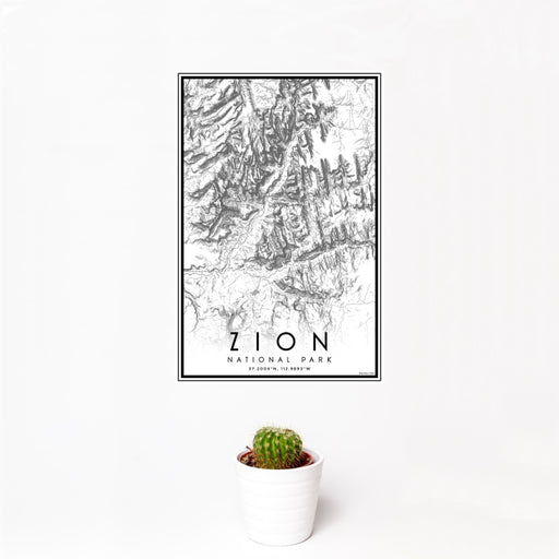 12x18 Zion National Park Map Print Portrait Orientation in Classic Style With Small Cactus Plant in White Planter