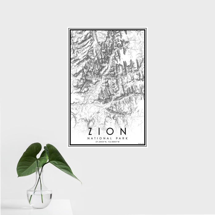 16x24 Zion National Park Map Print Portrait Orientation in Classic Style With Tropical Plant Leaves in Water
