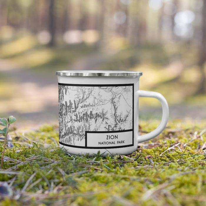 Right View Custom Zion National Park Map Enamel Mug in Classic on Grass With Trees in Background
