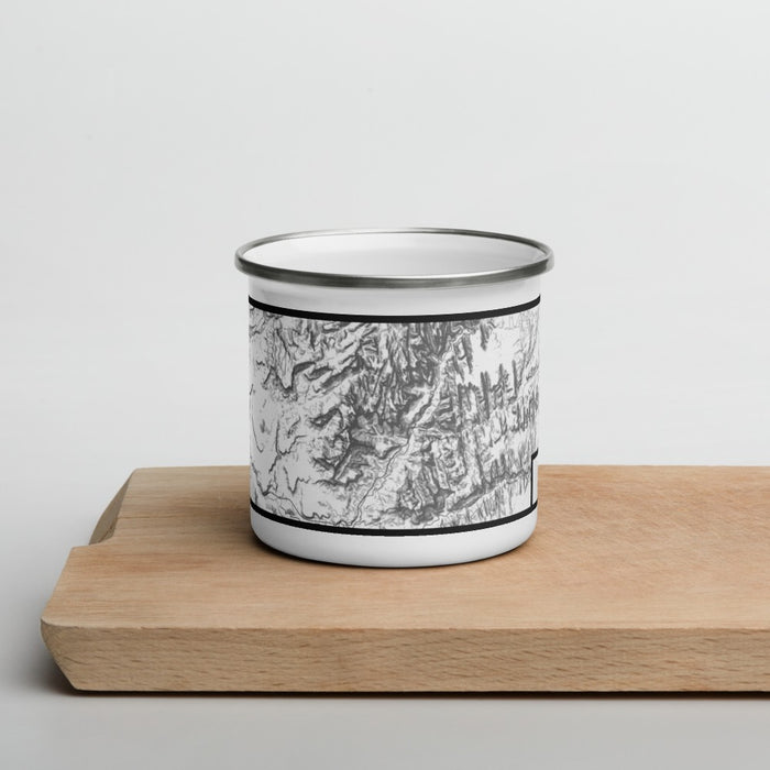Front View Custom Zion National Park Map Enamel Mug in Classic on Cutting Board