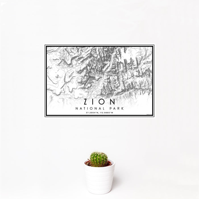 12x18 Zion National Park Map Print Landscape Orientation in Classic Style With Small Cactus Plant in White Planter