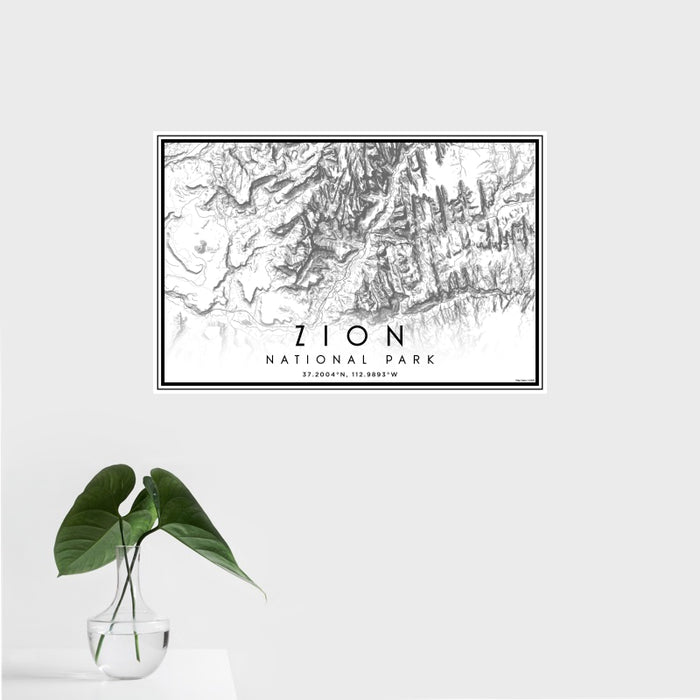 16x24 Zion National Park Map Print Landscape Orientation in Classic Style With Tropical Plant Leaves in Water
