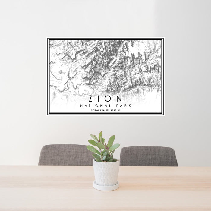24x36 Zion National Park Map Print Landscape Orientation in Classic Style Behind 2 Chairs Table and Potted Plant