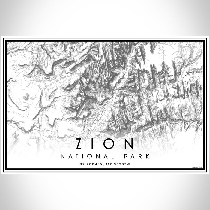 Zion National Park Map Print Landscape Orientation in Classic Style With Shaded Background