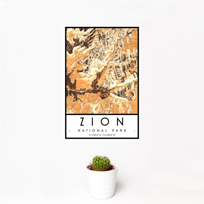 12x18 Zion National Park Map Print Portrait Orientation in Ember Style With Small Cactus Plant in White Planter