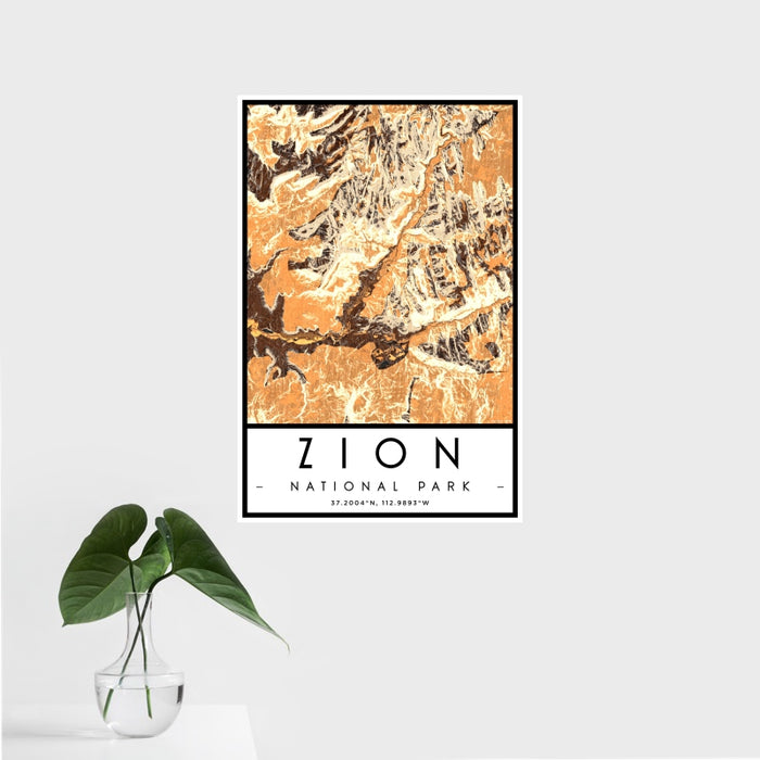 16x24 Zion National Park Map Print Portrait Orientation in Ember Style With Tropical Plant Leaves in Water
