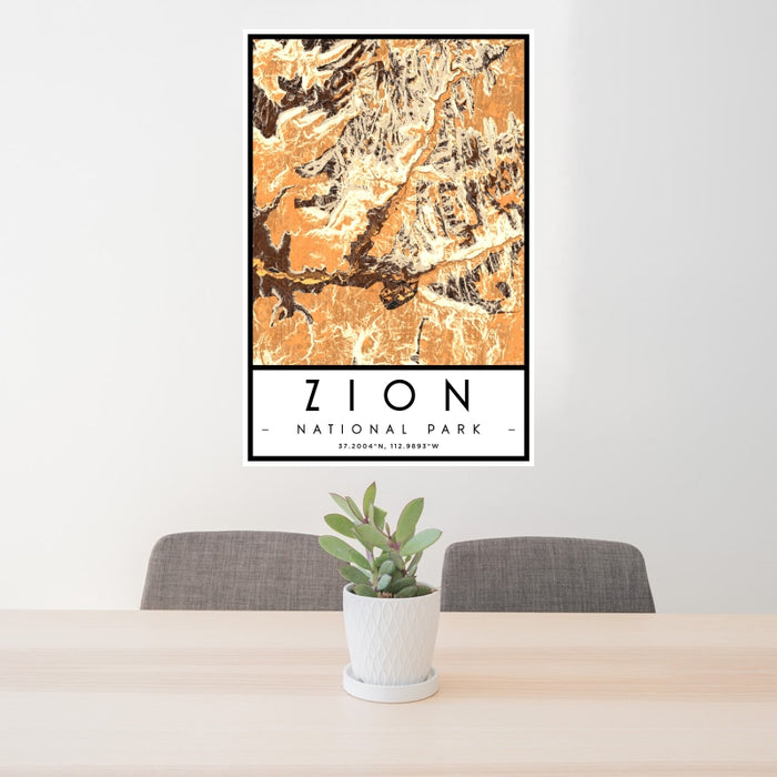 24x36 Zion National Park Map Print Portrait Orientation in Ember Style Behind 2 Chairs Table and Potted Plant