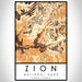 Zion National Park Map Print Portrait Orientation in Ember Style With Shaded Background