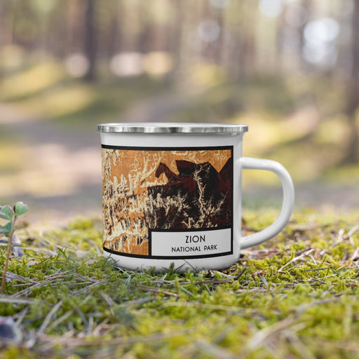 Right View Custom Zion National Park Map Enamel Mug in Ember on Grass With Trees in Background