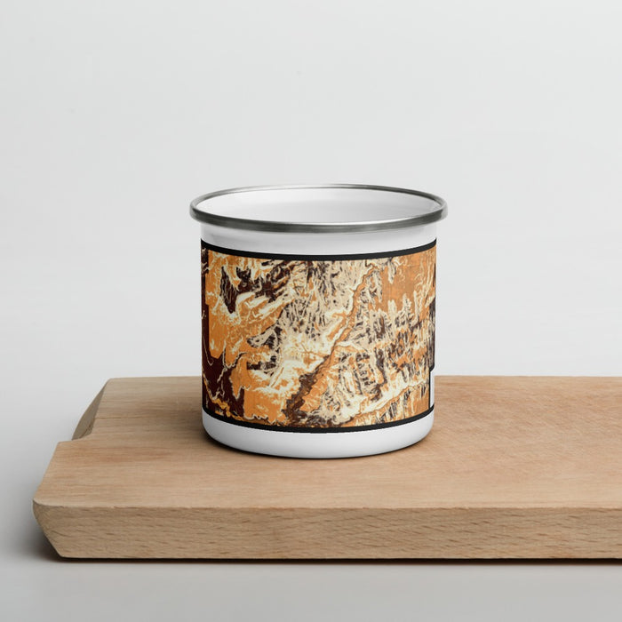 Front View Custom Zion National Park Map Enamel Mug in Ember on Cutting Board