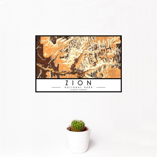 12x18 Zion National Park Map Print Landscape Orientation in Ember Style With Small Cactus Plant in White Planter