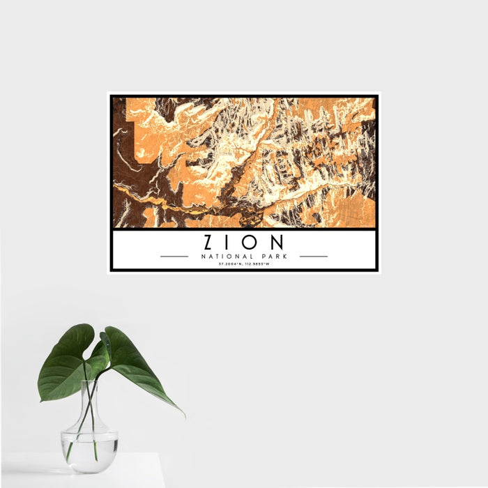 16x24 Zion National Park Map Print Landscape Orientation in Ember Style With Tropical Plant Leaves in Water