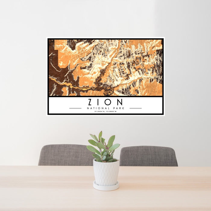 24x36 Zion National Park Map Print Landscape Orientation in Ember Style Behind 2 Chairs Table and Potted Plant