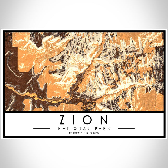 Zion National Park Map Print Landscape Orientation in Ember Style With Shaded Background
