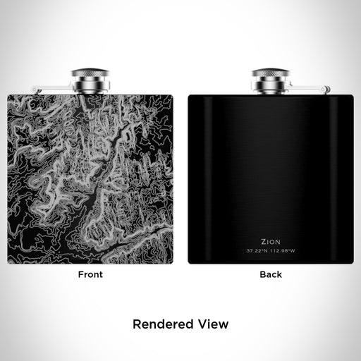 Rendered View of Zion National Park Map Engraving on 6oz Stainless Steel Flask in Black