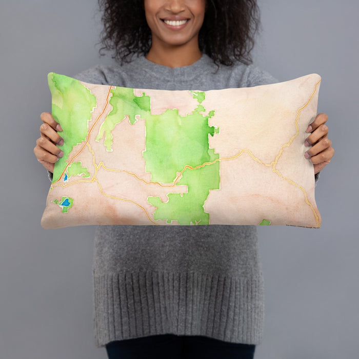 Person holding 20x12 Custom Zion National Park Map Throw Pillow in Watercolor