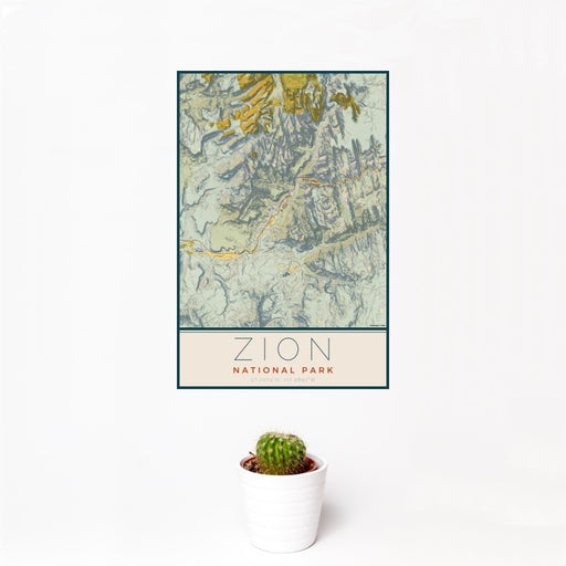 12x18 Zion National Park Map Print Portrait Orientation in Woodblock Style With Small Cactus Plant in White Planter