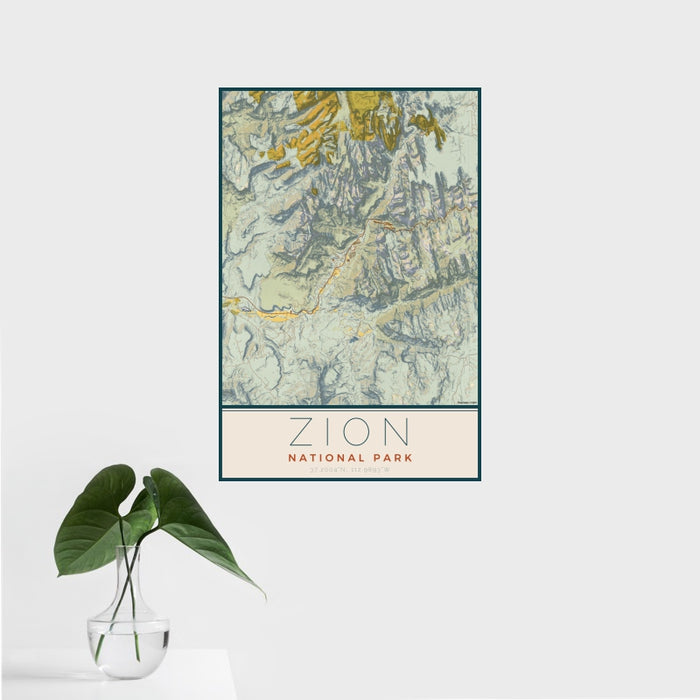 16x24 Zion National Park Map Print Portrait Orientation in Woodblock Style With Tropical Plant Leaves in Water