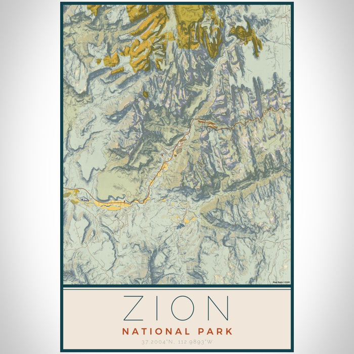 Zion National Park Map Print Portrait Orientation in Woodblock Style With Shaded Background