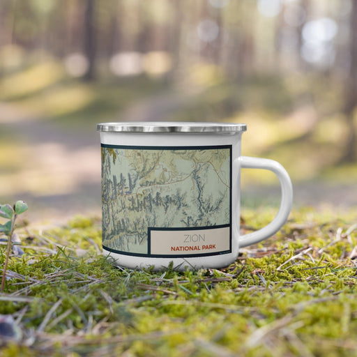 Right View Custom Zion National Park Map Enamel Mug in Woodblock on Grass With Trees in Background