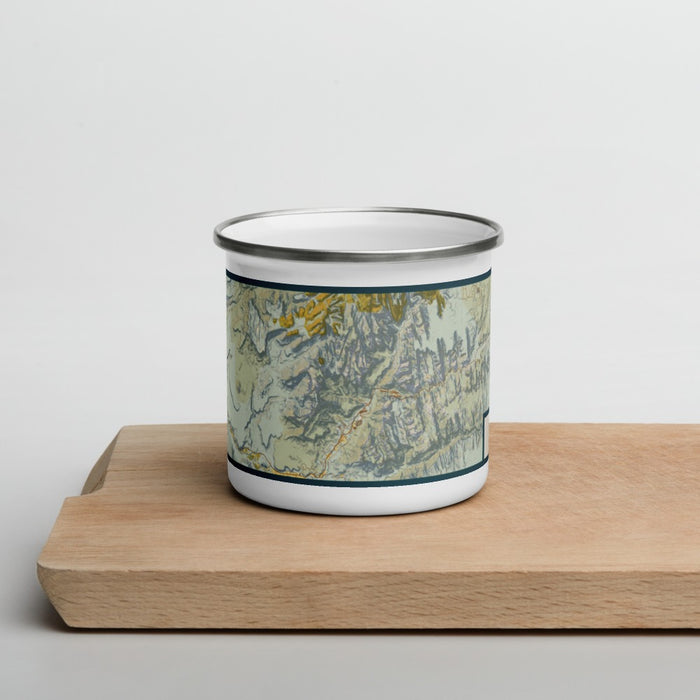 Front View Custom Zion National Park Map Enamel Mug in Woodblock on Cutting Board