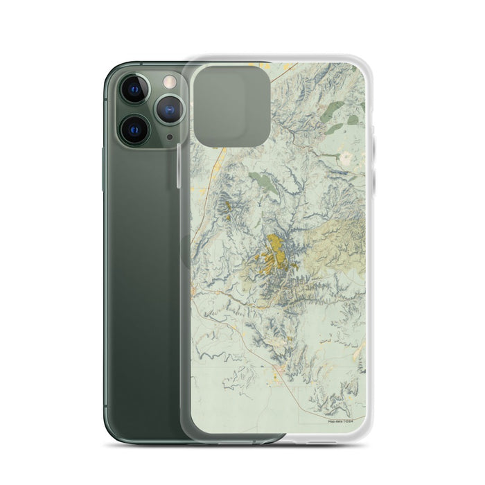 Custom Zion National Park Map Phone Case in Woodblock on Table with Laptop and Plant