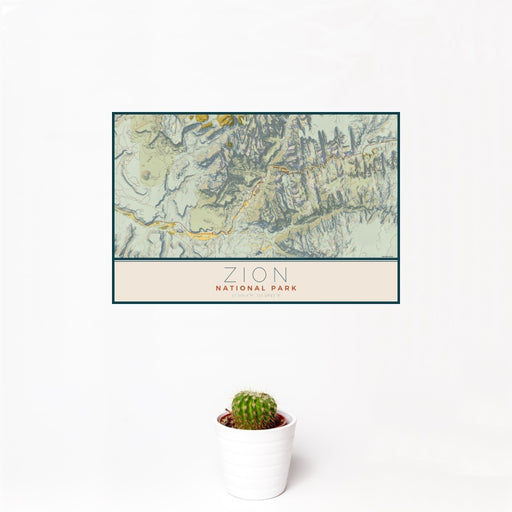 12x18 Zion National Park Map Print Landscape Orientation in Woodblock Style With Small Cactus Plant in White Planter