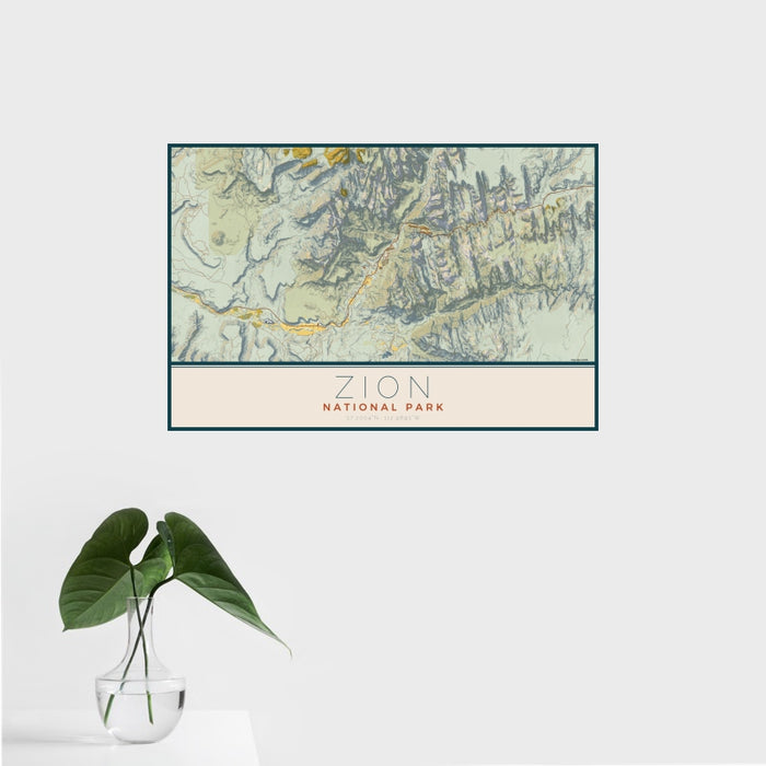 16x24 Zion National Park Map Print Landscape Orientation in Woodblock Style With Tropical Plant Leaves in Water