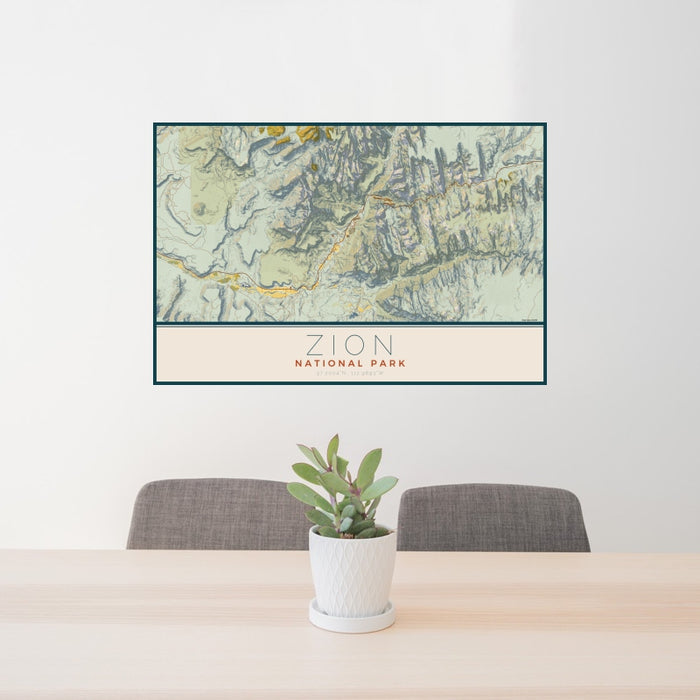24x36 Zion National Park Map Print Landscape Orientation in Woodblock Style Behind 2 Chairs Table and Potted Plant
