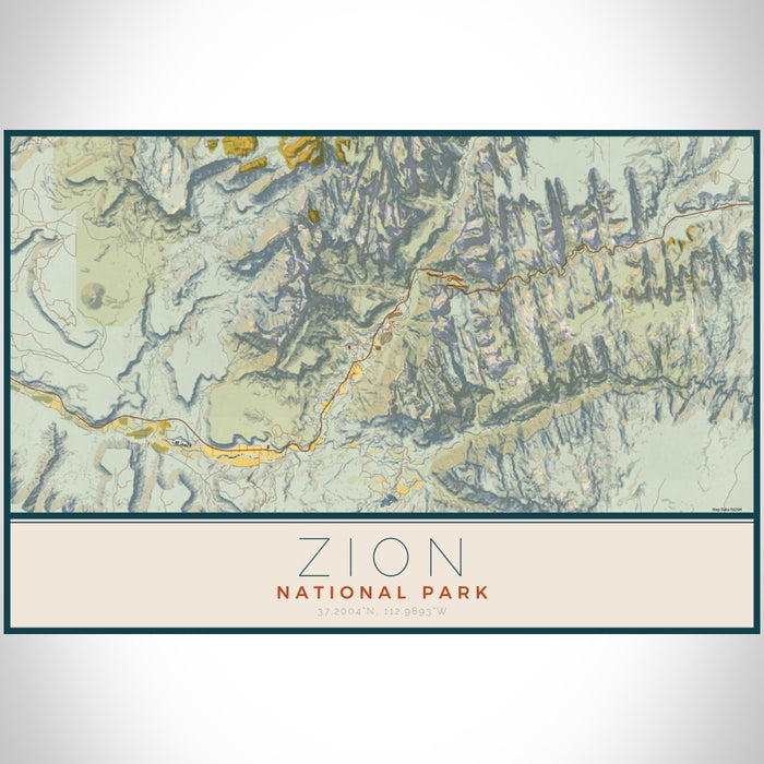 Zion National Park Map Print Landscape Orientation in Woodblock Style With Shaded Background