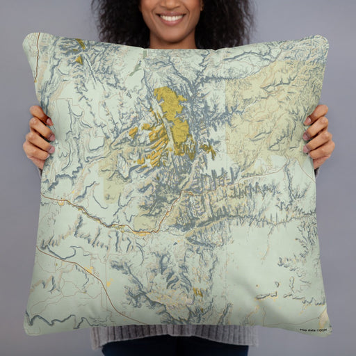 Person holding 22x22 Custom Zion National Park Map Throw Pillow in Woodblock